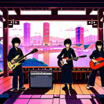 **Prompt:** A dynamic composition featuring a diverse group of modern J-Pop artists on stage, some playing electric guitars and synthesizers, while others subtly incorporate traditional Japanese instruments like a shamisen or koto. The background blends futuristic cityscapes with traditional Japanese architectural elements, subtly hinting at a global digital network. The overall mood is vibrant, innovative, and visually rich, symbolizing the fusion of old and new and J-Pop's evolving sound. (Style: modern anime illustration, vibrant colors, dramatic lighting)