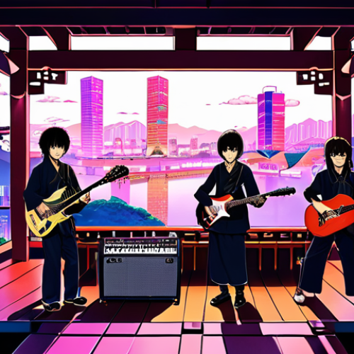 Home 7 **Prompt:** A dynamic composition featuring a diverse group of modern J-Pop artists on stage, some playing electric guitars and synthesizers, while others subtly incorporate traditional Japanese instruments like a shamisen or koto. The background blends futuristic cityscapes with traditional Japanese architectural elements, subtly hinting at a global digital network. The overall mood is vibrant, innovative, and visually rich, symbolizing the fusion of old and new and J-Pop's evolving sound. (Style: modern anime illustration, vibrant colors, dramatic lighting)