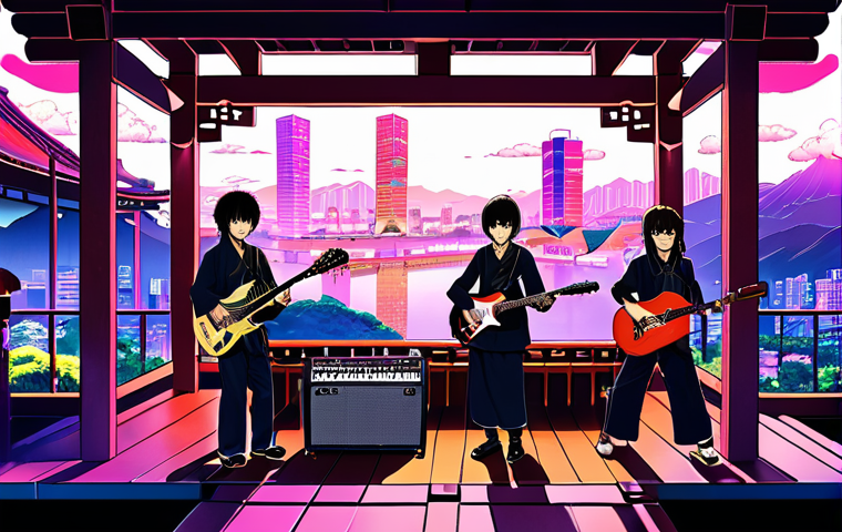 **Prompt:** A dynamic composition featuring a diverse group of modern J-Pop artists on stage, some playing electric guitars and synthesizers, while others subtly incorporate traditional Japanese instruments like a shamisen or koto. The background blends futuristic cityscapes with traditional Japanese architectural elements, subtly hinting at a global digital network. The overall mood is vibrant, innovative, and visually rich, symbolizing the fusion of old and new and J-Pop's evolving sound. (Style: modern anime illustration, vibrant colors, dramatic lighting)