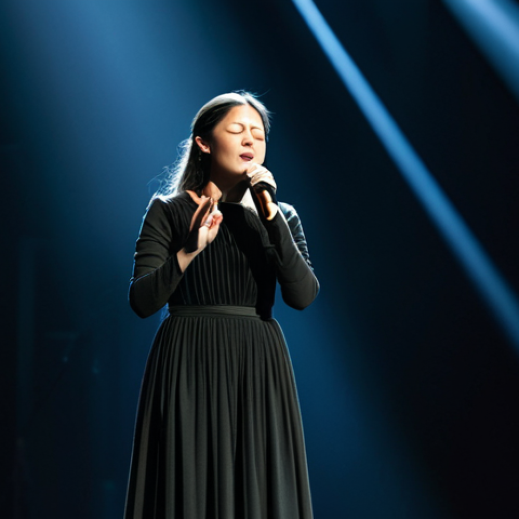 A professional female singer, inspired by Aimer, standing gracefully on a dimly lit concert stage. She is fully clothed in a modest, elegant, dark-colored long dress, appropriate attire, professional dress, with a single spotlight illuminating her. Her posture is natural, conveying deep emotion as if mid-performance, her eyes closed in concentration, expressing her soulful voice. The background is blurred, focusing on her presence and the ethereal atmosphere. Perfect anatomy, correct proportions, natural pose, well-formed hands, proper finger count, natural body proportions. High quality professional photography, cinematic lighting, safe for work, appropriate content, fully clothed, family-friendly.