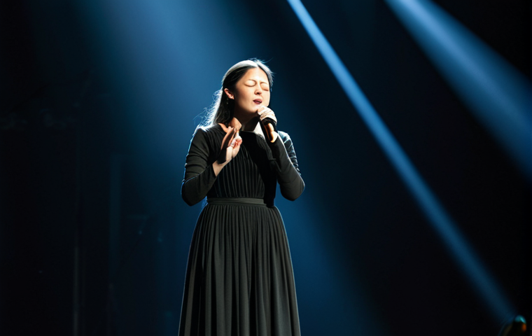 A professional female singer, inspired by Aimer, standing gracefully on a dimly lit concert stage. She is fully clothed in a modest, elegant, dark-colored long dress, appropriate attire, professional dress, with a single spotlight illuminating her. Her posture is natural, conveying deep emotion as if mid-performance, her eyes closed in concentration, expressing her soulful voice. The background is blurred, focusing on her presence and the ethereal atmosphere. Perfect anatomy, correct proportions, natural pose, well-formed hands, proper finger count, natural body proportions. High quality professional photography, cinematic lighting, safe for work, appropriate content, fully clothed, family-friendly.