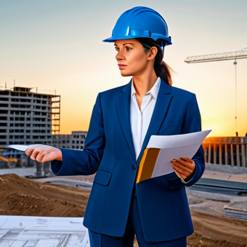 Home 23 Jolin Tsai와 LGBTQ 지원 활동 - **
"A professional female architect in a modest, stylish pantsuit, reviewing blueprints on a constr...