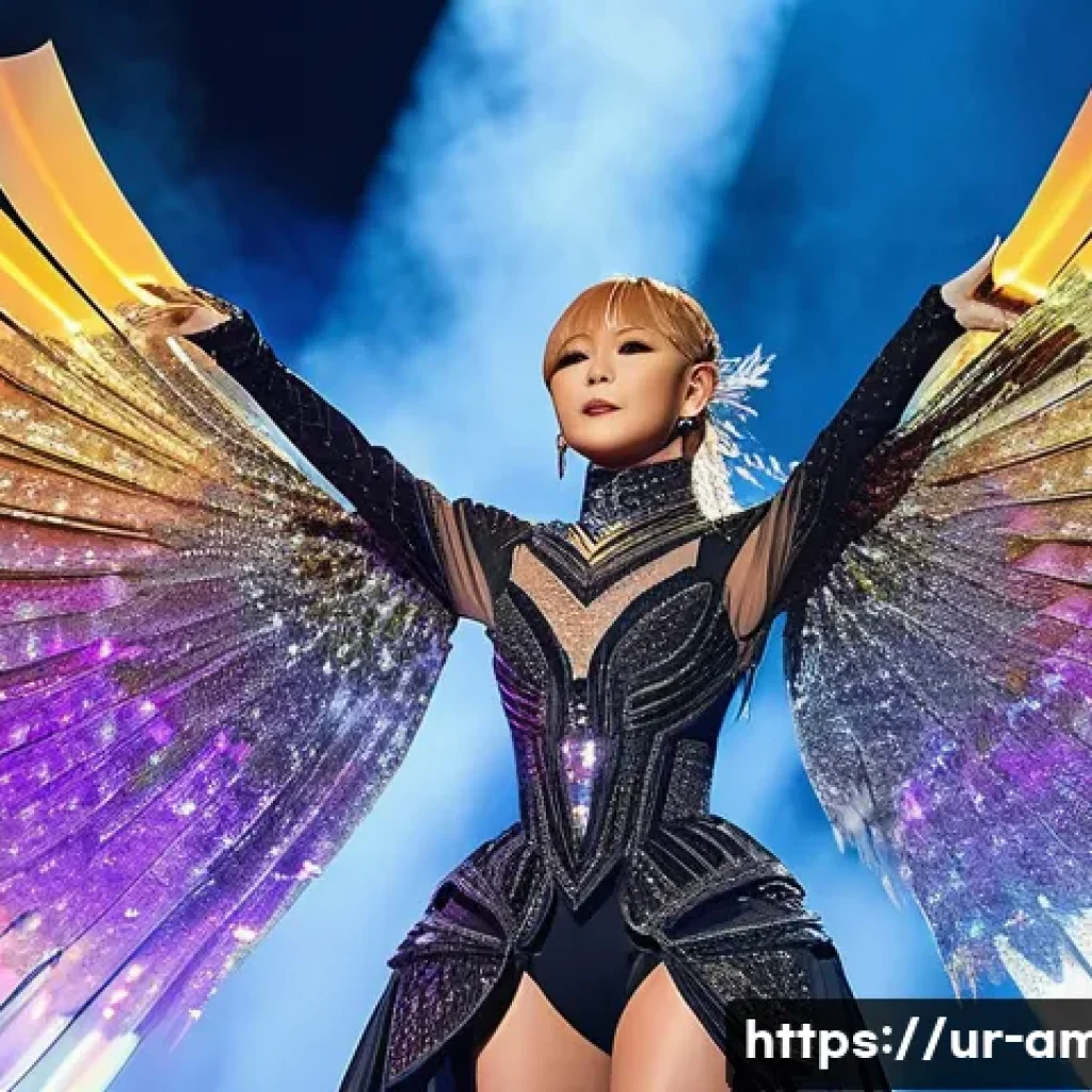 Ayumi Hamasaki의 콘서트 퍼포먼스와 독특한 팬문화 - **Prompt 1: "The Grandeur of Ayumi Hamasaki's Technologically Advanced Stage"**
"A full shot of ...
