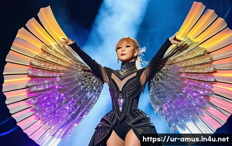 Ayumi Hamasaki의 콘서트 퍼포먼스와 독특한 팬문화 - **Prompt 1: "The Grandeur of Ayumi Hamasaki's Technologically Advanced Stage"**
"A full shot of ...